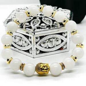 NWOT milky white quartz with stainless steel Gold plated accents, Buddha